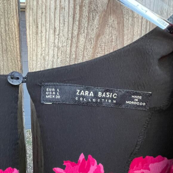 Zara Floral Jumpsuit Tie Waist Short Sleeve Slit Cropped Wide Leg Black Large - Picture 9 of 10